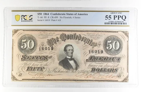 1864 $50 Confederate States Large Note T-66 PF-8 CR-499 AU 55 PPQ PCGS *4207