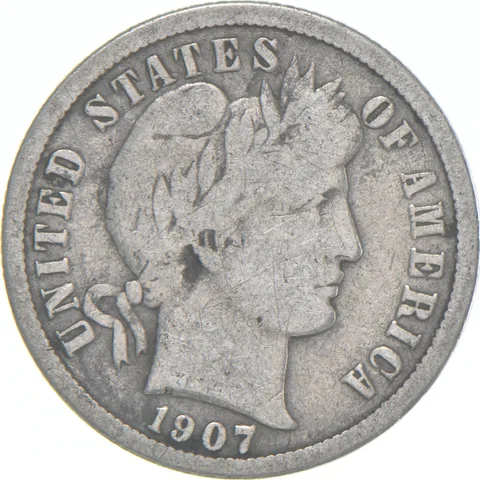 1907-D Barber Dime 90% Silver Average Circ