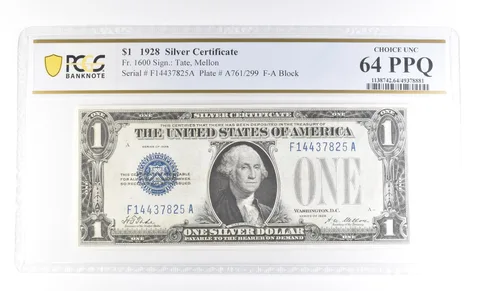 $1 1928 Silver Certificate Fr#1600 Choice Unc 64 PPQ PCGS a4031