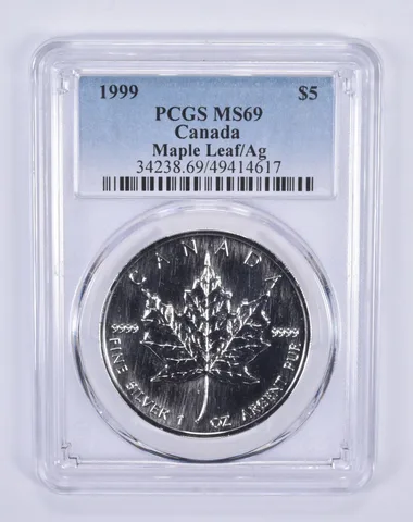 1999 Canada 5 Dollars Silver Maple Leaf MS69 PCGS Blue Label