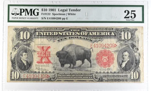 1901 $10 US Legal Tender Fr#122 Large Note Red Seal VF25 PMG a1076