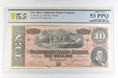 1864 $10 Confederate States America T-68 PF-27 CR-548 AU 53 PPQ PCGS *4396