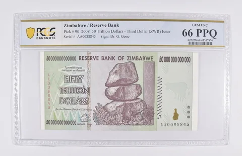 2008 Zimbabwe 50 Trillion Dollars, P-90, PCGS 66 PPQ Gem UNC Authentic