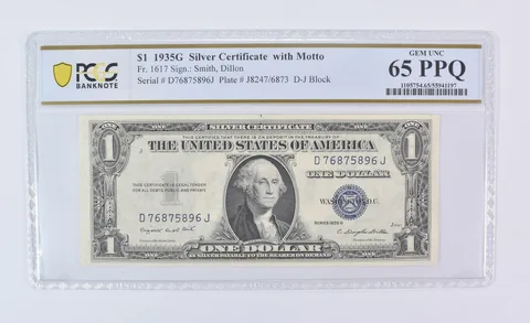 1935 G $1 Silver Certificate With Motto Fr#1617 Gem Unc 65 PPQ PCGS