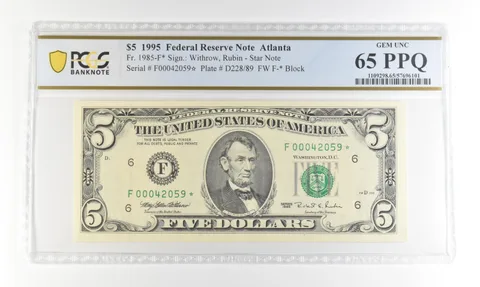 1995 $5 FRN Atlanta GA Fr#1985-F* Star Error Gem Unc 65 PPQ PCGS *4243