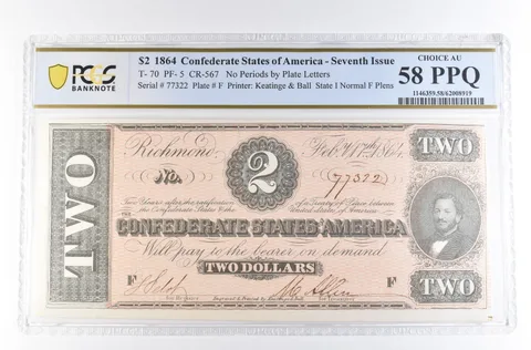1864 $2 Confederate States of America Seventh Issue Choice AU 58 PPQ PCGS *2354