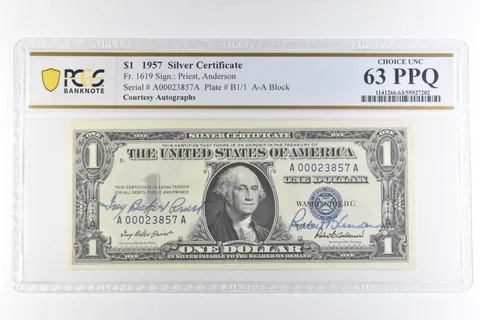 1957 $1 Silver Certificate Courtesy Autographs Fr#1619 Unc 63 PPQ PCGS *6917