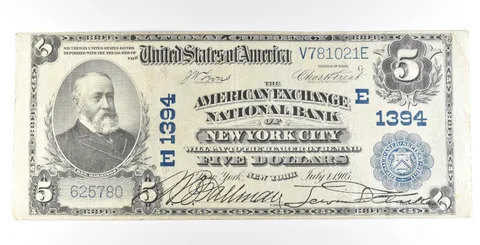 1902 $5 New York NY National Currency Ch#1394 Large Note Blue Seal *5613
