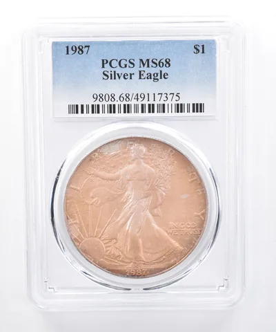 1987 American Silver Eagle MS68 PCGS Purple/Orange Tone *8461