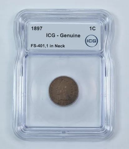Error 1897 Indian Head Cent FS-401 1 In Neck Genuine ICG *9259