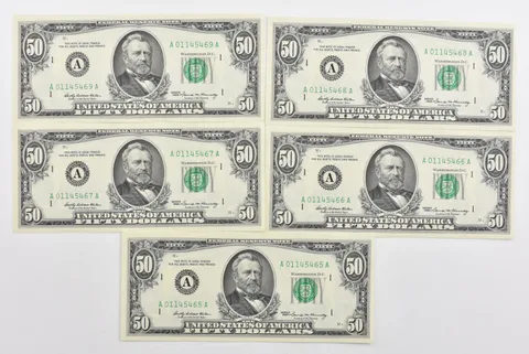 Lot (5) 1969 $50 Boston, MA US FRN Consecutive Notes 2114-A Fr *1916