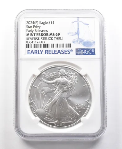 2024 (P) American Silver Eagle Star Privy Error Rev Struck Thru MS69 NGC a5671