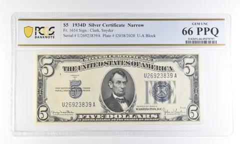 1934 D $5 Silver Certificate Narrow Fr#1654 Gem Unc 66 PPQ PCGS a2750