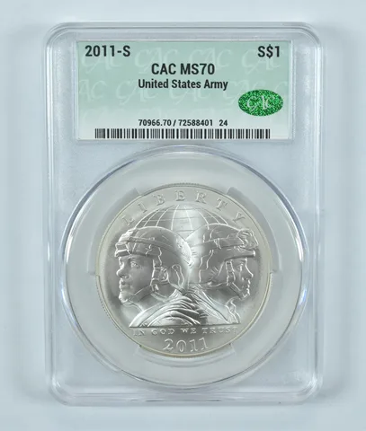 2011-S US Army Commemorative Silver Dollar MS70 CAC CACg