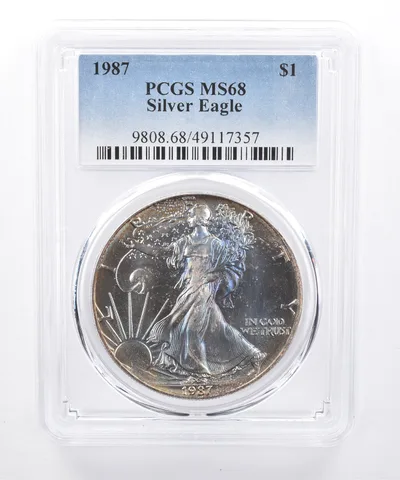 1987 American Silver Eagle MS68 PCGS Blue/Purple Tone *8480
