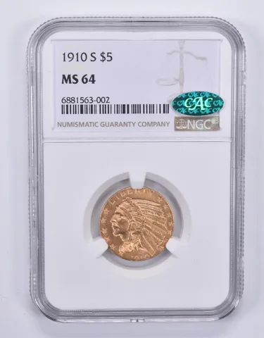1910-S $5 Indian Head Gold Half Eagle MS64 NGC CAC PQ *9594
