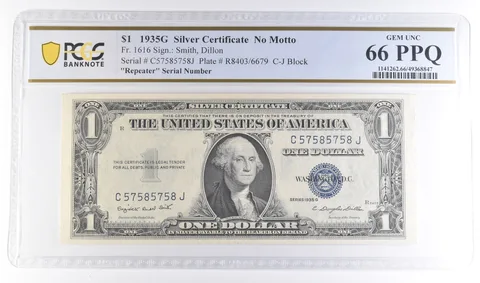 1935 G $1 Silver Certificate No Motto Fr#1616 Repeater Serial 66 PPQ PCGS a6123