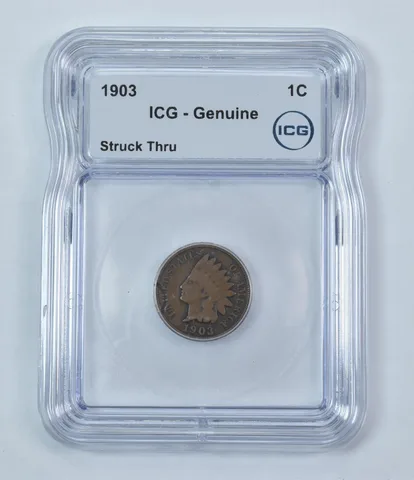 Error 1903 Indian Head Cent Mint Error Struck Thru Genuine ICG a9251