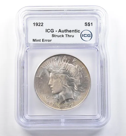 1922 Peace Silver Dollar Mint Error Struck Thru Authentic ICG *6012