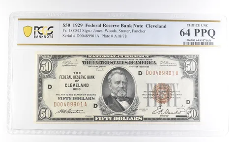 1929 $50 Cleveland OH Fed. Reserve Bank Fr#1880-D Choice Unc 64 PPQ PCGS *2514
