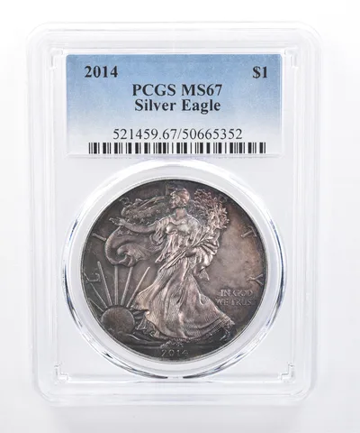 2014 American Silver Eagle MS67 PCGS Dark Rainbow Tone *8412