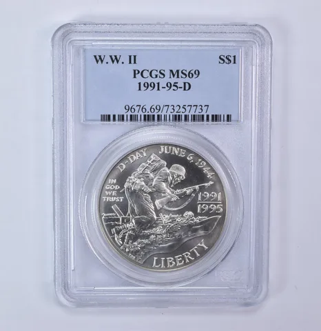1991-95-D World War II Commemorative Silver Dollar MS69 PCGS