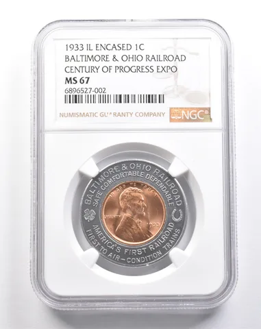 1933 IL Encased Lincoln Wheat Cent B&O Railroad Century Expo MS67 NGC *4869