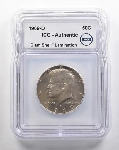 1969-D Kennedy Half Dollar Clam Shell Lamination Authentic ICG *4347