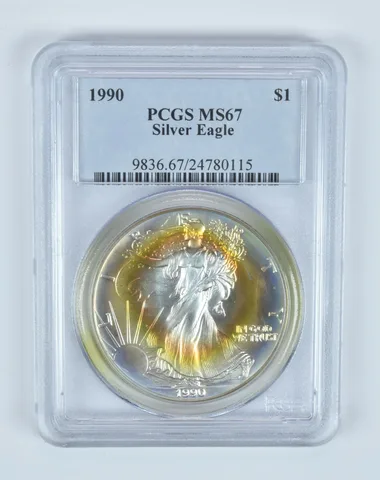 MS67 1990 American Silver Eagle PCGS Insane Old PCI Target Toning a0641