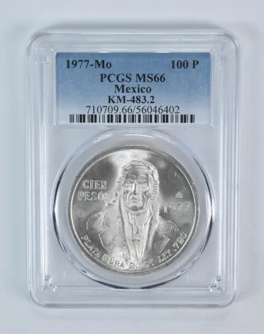 1977 Mo Mexico 100 Pesos Silver KM-483.2 MS66 PCGS Blue Label