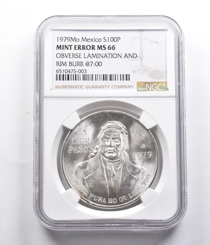 MS66Error 1979 Mo Mexico 100 Silver Pesos OBV Lamination & Rim Burr @7 NGC *4079