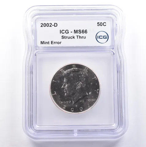 2002-D Kennedy Half Dollar Mint Error Struck Thru MS66 ICG *9078