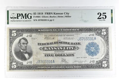 1918 $5 Kansas City MO FRBN Fr#804 Large Note Blue Seal Very Fine 25 PMG *1717
