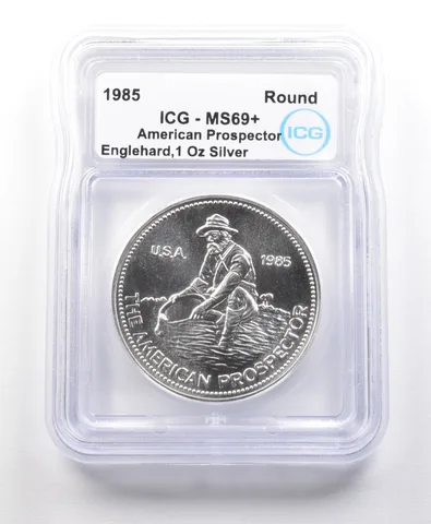 1985 1 Oz Silver Round American Prospector Engelhard MS69+ ICG *5622