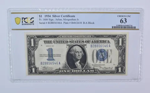 1934 $1 Silver Certificate Fr#1606 Blue Seal Choice Unc 63 PCGS *8098