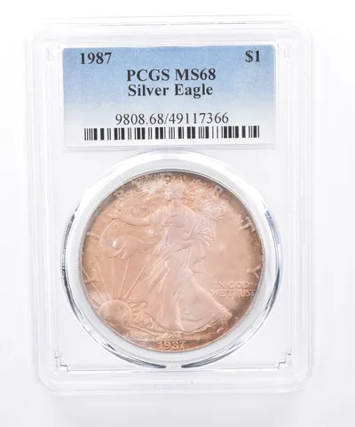 1987 American Silver Eagle MS68 PCGS Purple/Orange Tone *8418