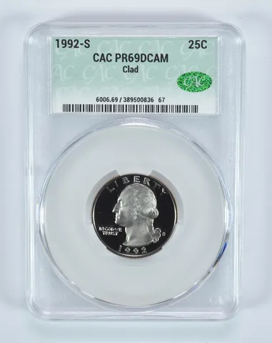 1992-S Washington Quarter CLAD PR69 DCAM CAC CACg