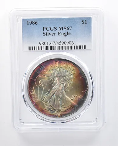 1986 American Silver Eagle MS67 PCGS Rainbow Tone *8007