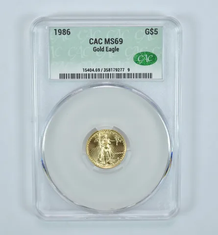 1986 $5 American Gold Eagle 1/10 Oz 0.1 Oz Gold MS69 CAC CACg
