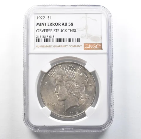 1922 Peace Silver Dollar Mint Error Obverse Struck Thru AU58 NGC *3142