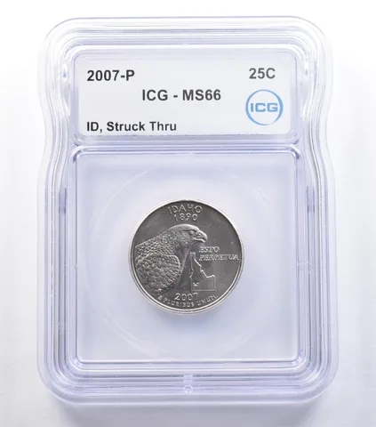 2007-P Washington State Quarter Idaho Mint Error Struck Thru MS66 ICG *9594