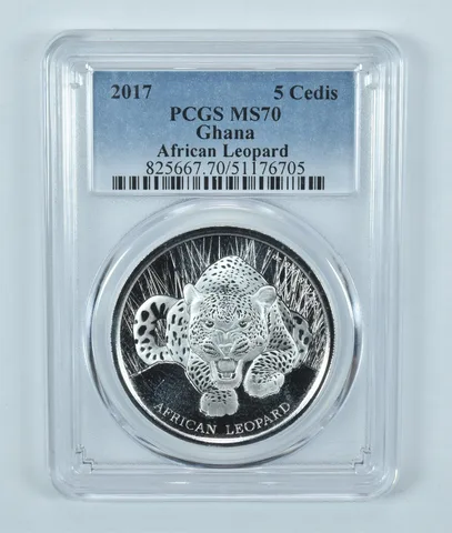 2017 Ghana 5 Cedis Silver African Leopard MS70 PCGS