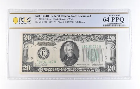 1934 D $20 Richmond VA FRN Fr#2058-E Wide Choice Unc 64 PPQ PCGS *8248