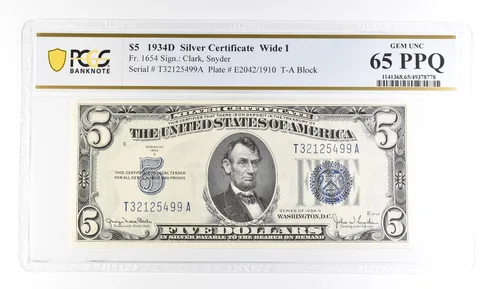 1934 D $5 Silver Certificate Wide I Fr#1654 Gem Unc 65 PPQ PCGS a2840