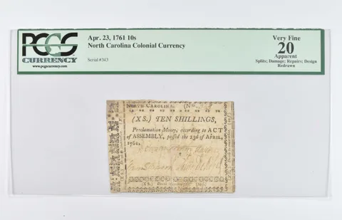 1761 10 Shillings North Carolina Colonial Currency PCGS 20 Very Fine *8056