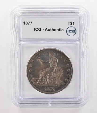 1877 Seated Liberty Trade Dollar Authentic ICG Beautiful Tone *4760
