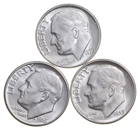 Choice Unc 1955 P+D+S Roosevelt Dime Gem BU Collection Lot Set