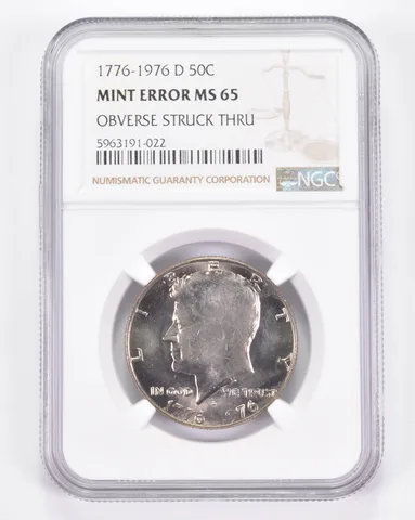 Mint Error MS65 1776-1976-D Kennedy Half Dollar - OBV Struck Thru NGC *8847