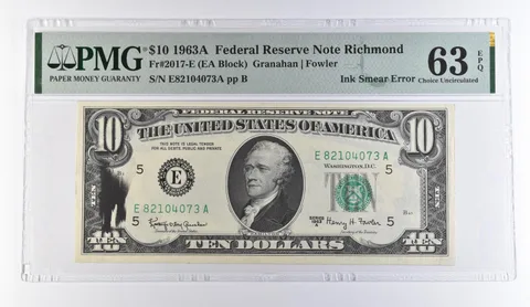 1963 A $10 Richmond VA FRN Ink Smear Error Fr#2017-E Choice Unc 63 EPQ PMG *9439