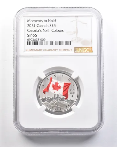 2021 Canada 5 Dollars Silver Moments To Hold Canada's Natl Colors SP65 NGC a5271